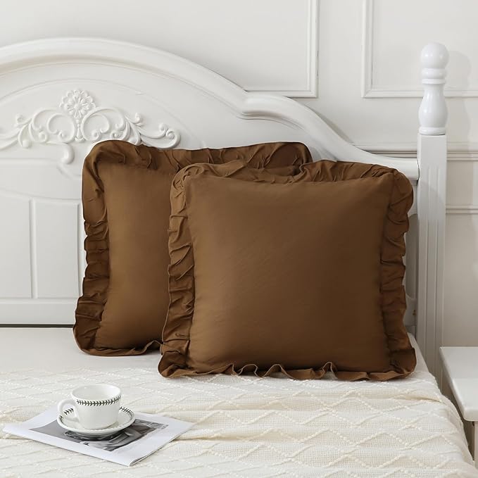 Merryword Brown Pillowcases 18x18 Cute Throw Pillow Covers Pack of 2 Ruffle Pillowcase Cushion for Couch Sofa Bedroom