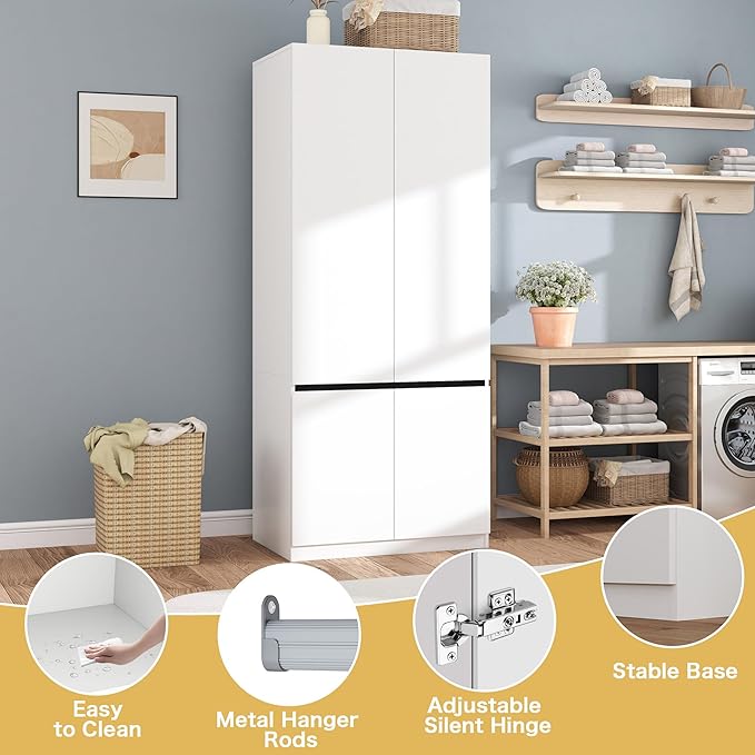White Armoire Wardrobe Closet: 74" Wooden Wardrobe Closet with 2 Doors, Bedroom Armoires with Hanging Rod, Tall Closets Cabinet for Hanging Clothes (31.5")
