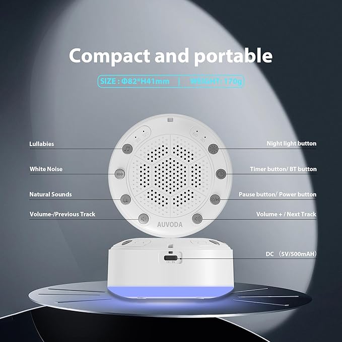 S318 Sound Machine, White Noise Sound Machine for Sleep, Baby, Kids, Adults, Home, Office, Travel, Portable, 25 Non-Looping Sounds, 11-Color Night Light, Memory & Timer, BT5.3, Rechargeable