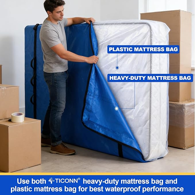 TICONN 1PK Plastic Mattress Bag for Moving Storage, Waterproof Mattress Protector Cover, Heavy-Duty Mattress Moving Supplies (1.5 mil, Queen)