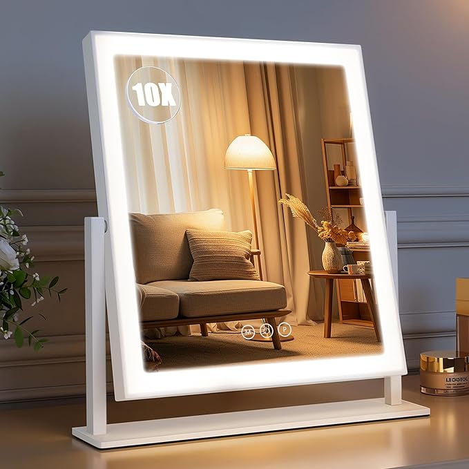 Vanity Mirror with Lights 16.5"x 14.5", LED Makeup Mirror, 3 Color Lighting Modes, 10X Magnification, Smart Touch Control, Dimmable, Aluminum Metal Frame, Lighted Up for Vanity Desk (White)