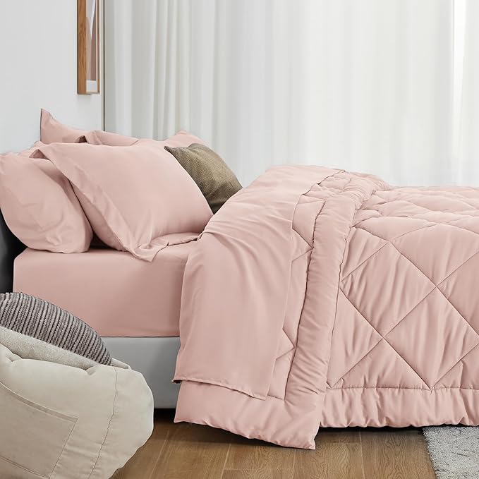 Love's cabin Twin Comforter Set Pink, 5 Pieces Twin Bed in a Bag, All Season Bedding Sets with 1 Comforter, 1 Flat Sheet, 1 Fitted Sheet, 1 Pillowcase and 1 Pillow Sham | Soft, Breathable, Lightweight, Comfortable
