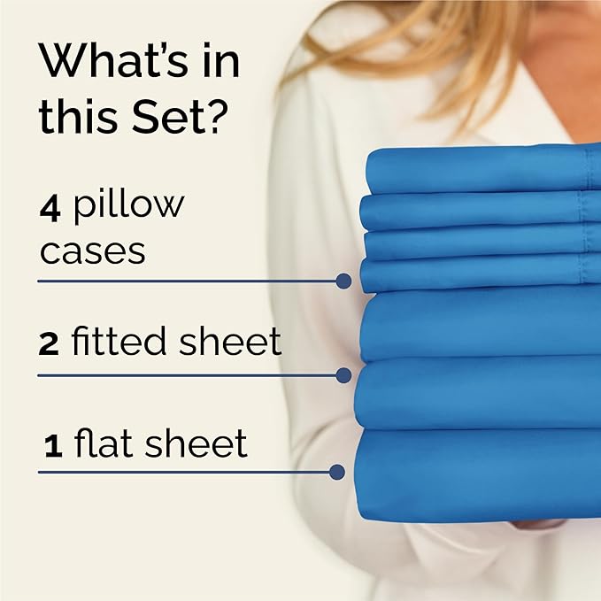 Split King 7 Piece Sheet Set - Comfy, Breathable & Cooling - Soft Hotel Luxury Bedding for Women, Men, Kids, Teens & Children - 1 Flat & 2 Fitted Sheets & 4 Pillowcases w/ Deep Pockets - Denim Blue