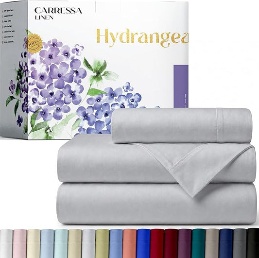 Carressa Linen 100% Egyptian Cotton Twin Sheets Set - 600 Series Hydrangeas Collection Egyptian Cotton Luxury Twin Sheets (3 PC, Silver), 16" Deep Pocket, Soft, Cooling, Sateen Weave Bedding