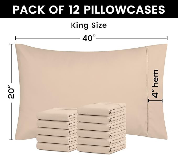 Utopia Bedding King Pillow Cases - 12 Pack - Envelope Closure - Soft Brushed Microfiber Fabric - Shrinkage and Fade Resistant Pillow Covers King Size 20 X 40 Inches (King, Beige)