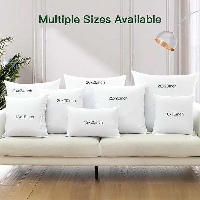 OTOSTAR Pack of 2 Down and Feather Throw Pillow Inserts, 16 x 16 Soft Fluffy Square Pillow Inserts with 100% Cotton Cover Decorative Pillows for Sofa Couch Bed-White