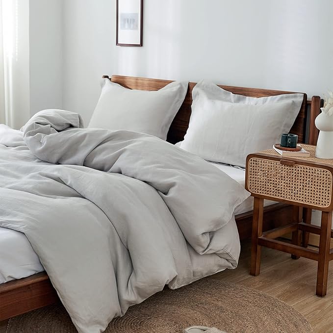 Simple&Opulence 100% Linen Duvet Cover Set 3pcs Basic Style Natural French Washed Flax Solid Color Soft Breathable Farmhouse Bedding with Button Closure - Light Grey, King