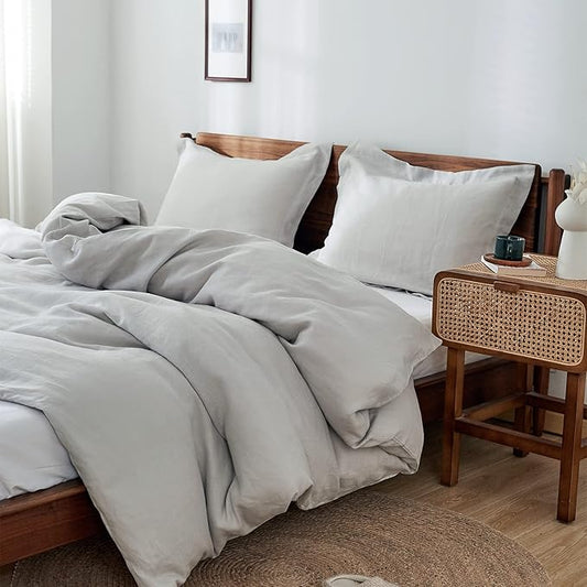 Simple&Opulence 100% Linen Duvet Cover Set 3pcs Basic Style Natural French Washed Flax Solid Color Soft Breathable Farmhouse Bedding with Button Closure - Light Grey, Queen