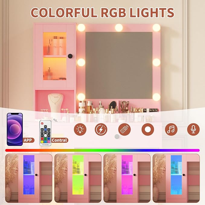 IDEALHOUSE Makeup Vanity Desk with Mirror and Lights, Vanity Table with Charging Station, 2 Open Compartments, 2 Acrylic-Door Cabinets, and RGB Lights Wood Dressing Table for Bedroom
