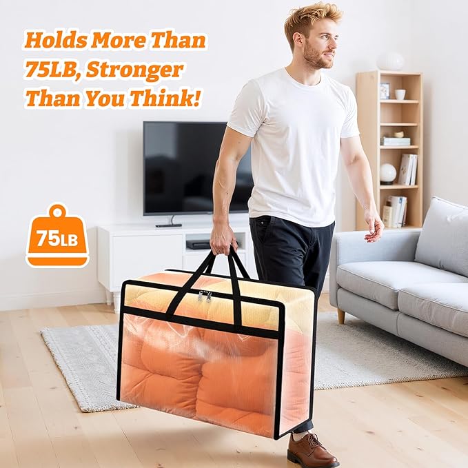 BlissTotes 4 Pack Clear Clothes Storage Bags, Moving Bags, Foldable Blanket Storage Under Bed Storage Containers with Sturdy Zipper and Handle for Clothing, Comforter, Bedding, Sheet (60L)