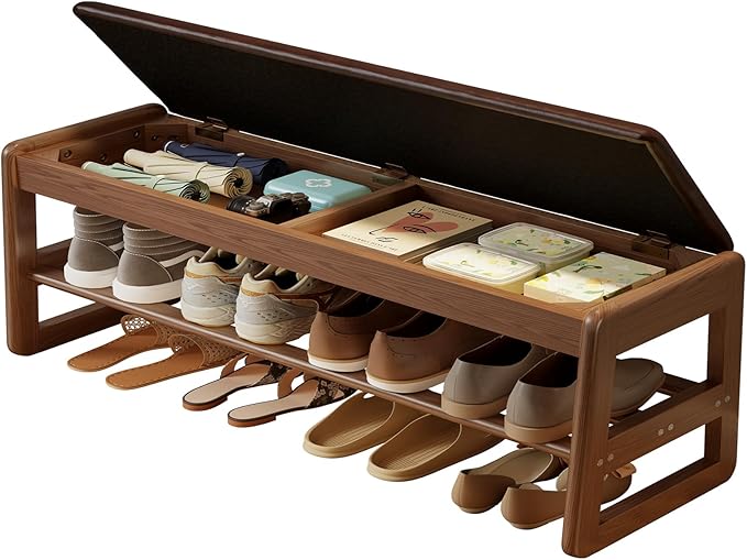 AQIMUELE Shoe Rack Bench,2 Tiers Shoe Bench with Storage with Flip-Top,Wood Shoe Rack for Entryway,Hallway（Dark Walnut Upholstered Seat,11.8" D x 39.3" W x 15.7" H）