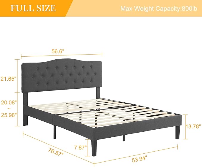 VECELO Full Size Platform Bed Frame with Fabric Upholstered Headboard and Wooden Slats Support, No Box Spring Needed/Easy Assembly,Grey