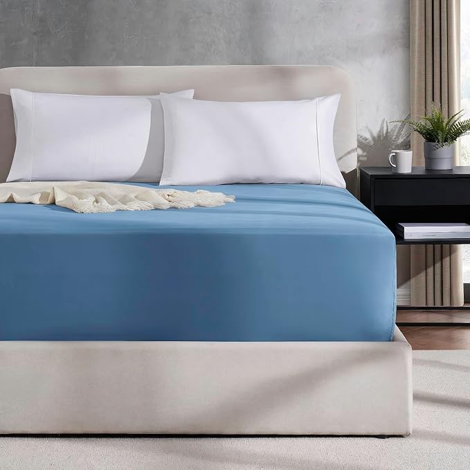 Nestl Blue Heaven Extra Deep Pocket King Fitted Sheet Only, Hotel Luxury King Size Fitted Sheets Easily Fits 18 to 24 Inch Mattress, Super Soft, Wrinkle-Free, and Breathable Sheets with Corner Straps