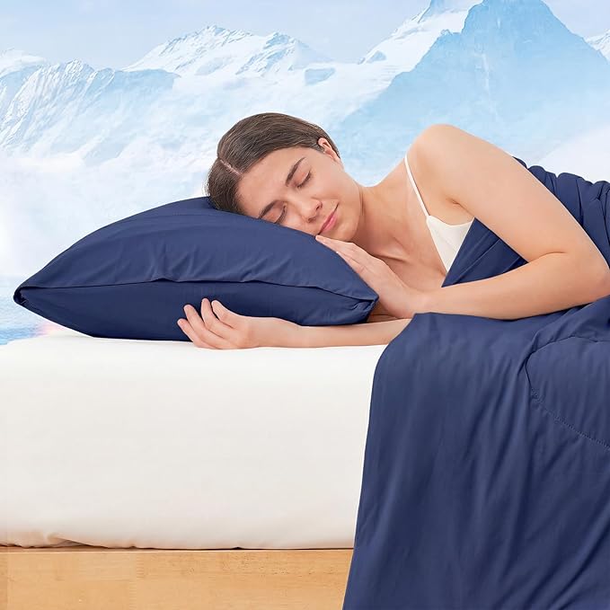 Cozy Bliss Cooling Pillow Cases for Hot Sleepers, Q-Max>0.45, Queen Size Set of 2, Soft & Silky Pillow Covers with Envelope Closure,Gift, Dark Blue, 20x30 Inches