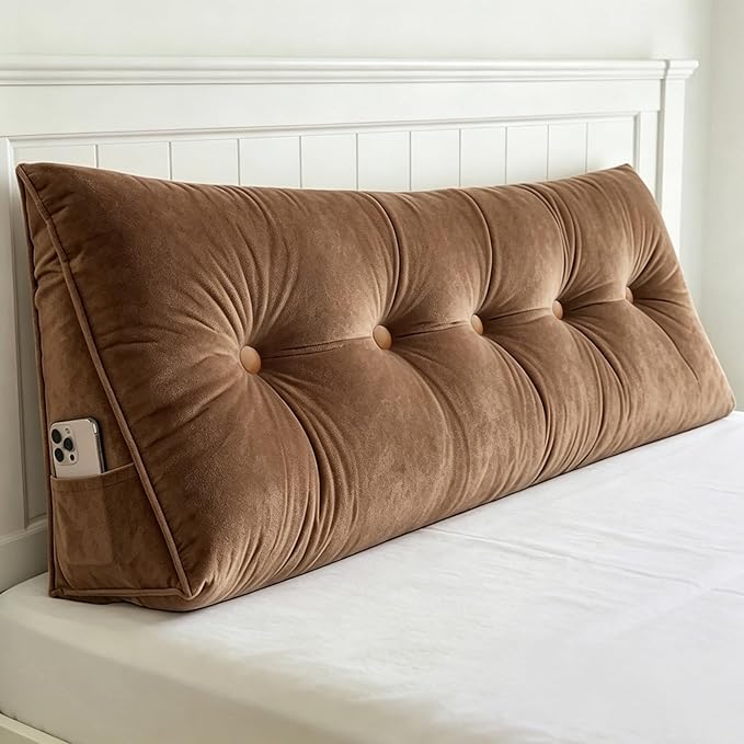 Headboard Pillow Queen, Triangle Wedge Pillow for Headboard, Ergonomic Backrest Cushion for Reading Sitting Working Removable Crystal Velvet Cover for Bed Dorm Sofa (Mocha Brown, Queen)