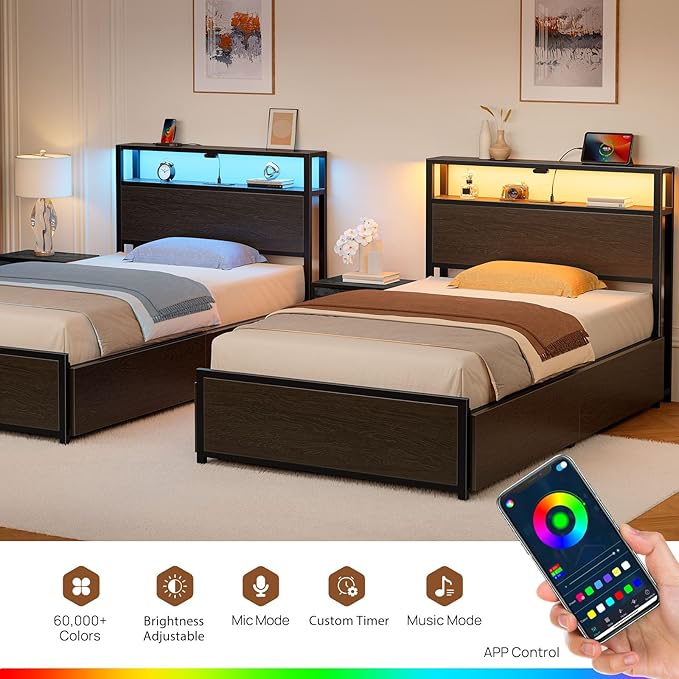 Rolanstar Twin Bed Frame with 4 Storage Drawers, Charging Station and LED Lights, Metal Platform Bed with 2-Tier Storage Headboard, No Box Spring Needed, Easy Assembly, Noise-Free, Black