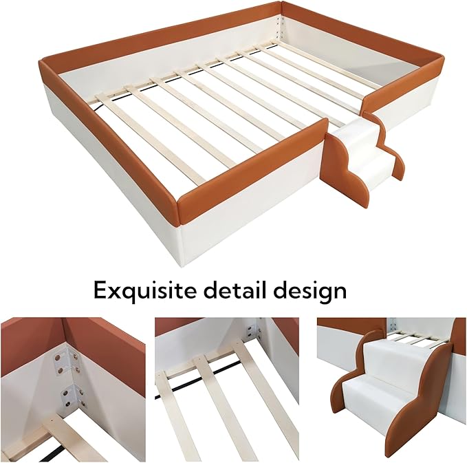 Merax Queen Size Upholstered Kids Daybed Frame with Fence and Stairs, Wood Bed for Living Room, Floor Bed, White+Brown