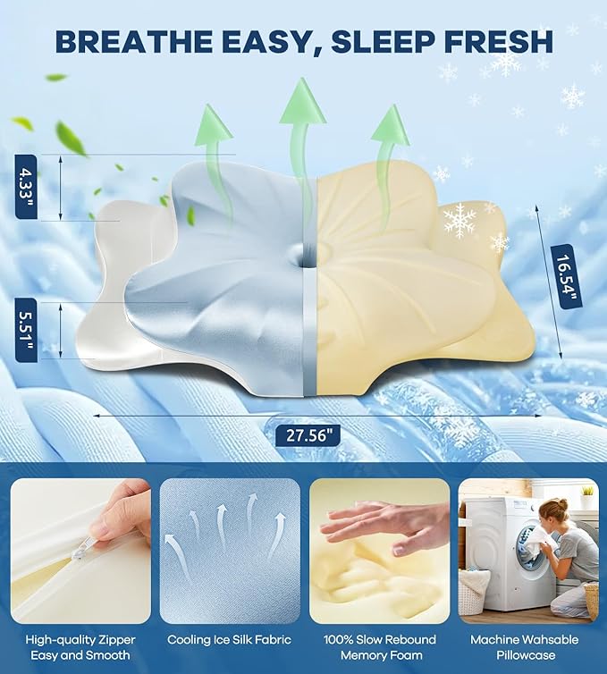 DONAMA Cervical Pillow for Neck and Shoulder Pain Relief, Cooling Contour Memory Foam Pillow, Dual-Height Ergonomic Neck Support Pillow for Side Back Stomach Sleepers with Removable Pillowcase