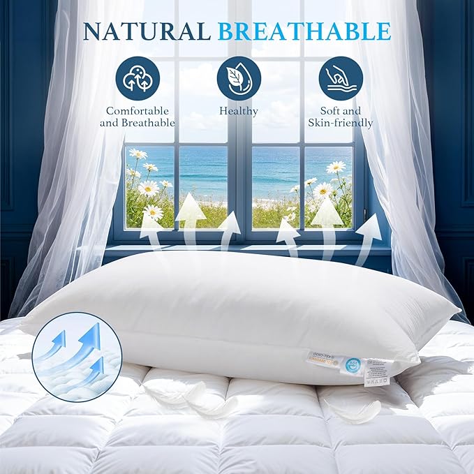 Canadian White Goose Down Pillows Standard Size Set of 2-750+ Fill Power, Soft Down Pillow for Sleeping, Fluffy Hotel Luxury Bed Pillows for Neck Pain Relief, Side Sleeper Pillow - 20"x26"