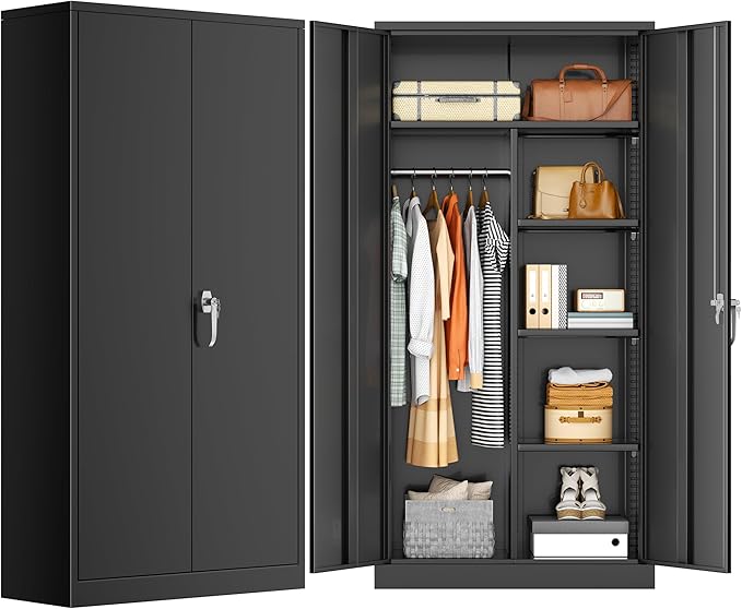 INTERGREAT Metal Armoire Wardrobe Closet with Lock, 72" Clothing Storage Cabinets with Hanging Rod and 4 Adjustable Shelves, Armoire Wardrobe for Office, School, Employee, Government (Black)
