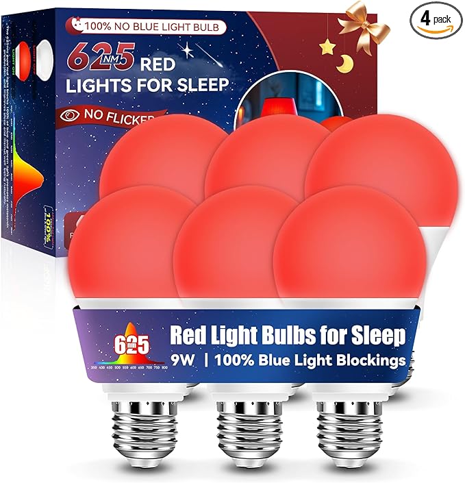 Neporal 625nm Red Light Bulbs for Sleep, 100% Blue Light Blocking Light Bulbs for Melatonin Promoting, A19 LED 9W 60W Equivalent Red Night Light Bulb for Baby Nursery, Sleeping, Reading, 6-Pack