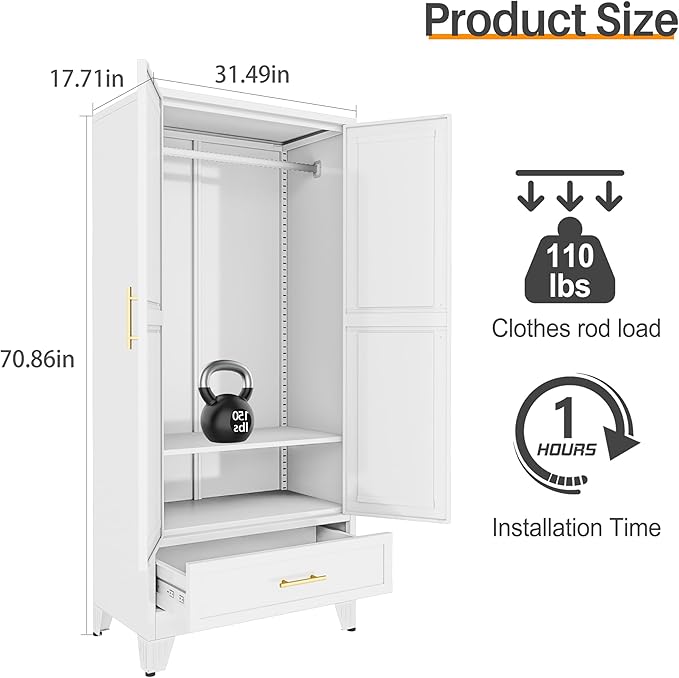 RIETERN Metal Armoire Wardrobe 71" Tall Closet, Bedroom Closet with Mirror, 1 Drawer, Adjustable Shelves, and Hanging Rod, Steel Clothes Closets and Storage, for Bedroom White