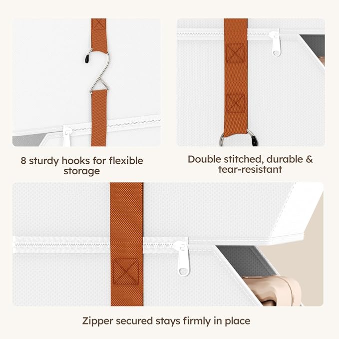 Homsorout Collapsible Hanging Closet Organizer - 3 Tier Closet Shelves Storage System with Hooks, Fabric Hanging Storage Bins for Clothes, Foldable Storage Basket for Laundry, Bedroom, Rv, White