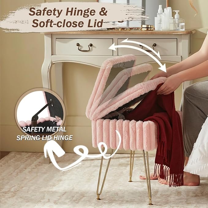 EBENCHICO Vanity Stool Chair with Storage, Faux Fur Stools for Vanity Makeup, Foot Stool Ottoman with 4 Metal Legs, Small Vanity Bench Seat Chairs for Living Room Bedroom
