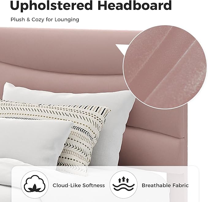 GarveeHome Twin XL Modern Upholstered Bed Frame with Soft Padded Headboard,Sturdy Metal Steel Slat Support, Noise-Free Quiet Design,Easy Assembly,Heavy Duty Stable Bed Frame(Pink)