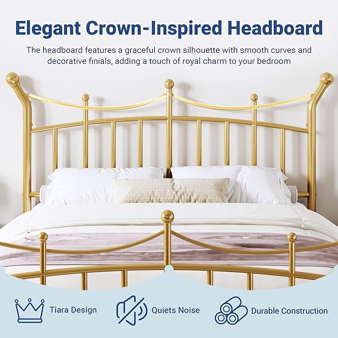Allewie 14 Inches Full Size Metal Platform Bed Frame with Elegant Crown Iron-Art Headboard & Footboard, Sturdy Mattress Foundation with Under-Bed Storage, Easy Assembly, No Box Spring Needed, Gold