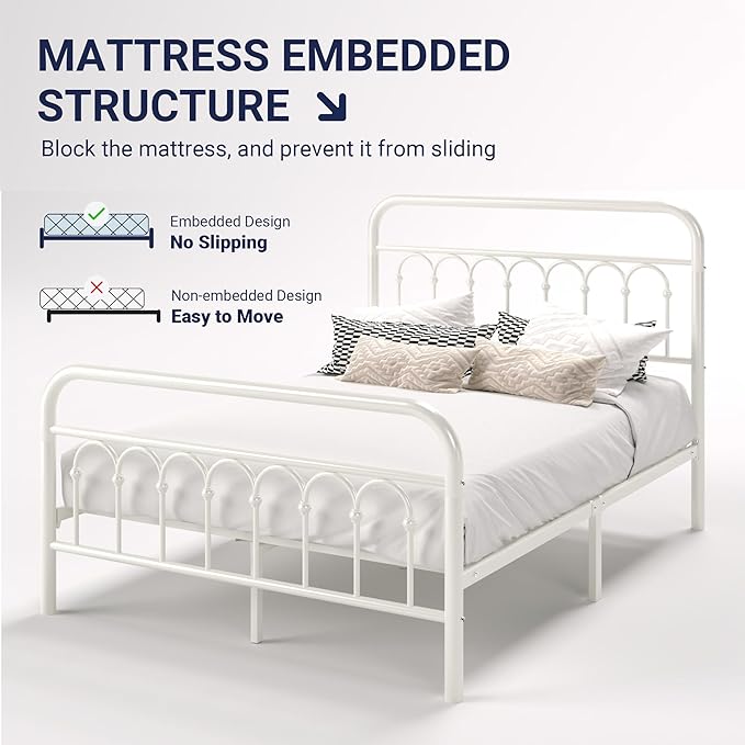 Allewie 14 Inches Full Size Metal Platform Bed Frame with Victorian Style Curved Iron-Art Headboard/Footboard, Easy Assembly, Under Bed Storage, No Box Spring Required, Cream White