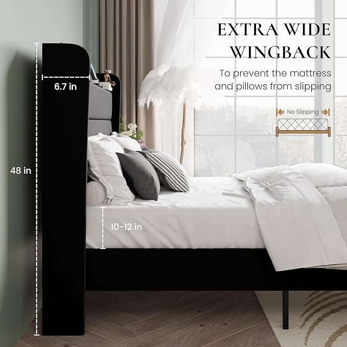 SHA CERLIN King Size Bed Frame with Charging Station, Velvet Upholstered Platform Bed, Wingback Storage Headboard, Type-C & USB Ports, Strong Wooden Slats, No Box Spring Needed, Easy Assembly, Black