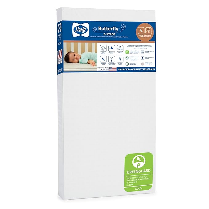 Sealy Baby Butterfly Antibacterial 2 Stage Waterproof Crib Mattress Plus Toddler Bed Fit, Ultra Firm Orthopedic Foam, GREENGUARD Gold Certified, Safety & Quality Tested, Made in USA, 52"X28"