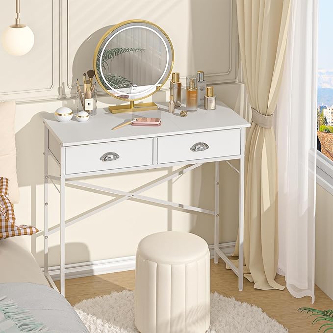 ThreeHio Small Vanity Desk No Mirror for Kids Bedroom, 31.5 Inch Vanity Table with Drawers, Makeup Vanity Desk for Narrow Spaces, White Dreessing Table(No Mirror)