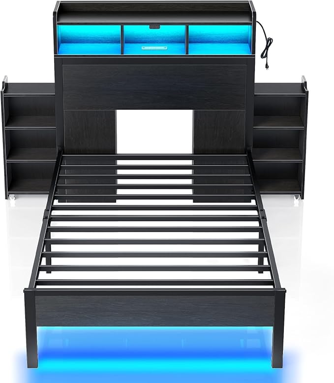 Rolanstar Twin Bed Frame with Bookcase Storage Headboard, Slide Out Bedside Storage, Bed with Charging Station & LED Lights, Heavy Duty Metal Slats, No Box Spring Needed, Noise Free, Black