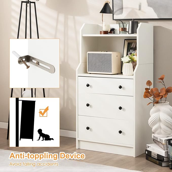 Tall 3 Drawers Dresser, Wood Chest of Drawers with 2 Open Shelves, Modern Nightstand with Anti-Toppling Device, Home Storage Cabinet Dresser Closet for Bedroom, Living Room, Entryway (White)