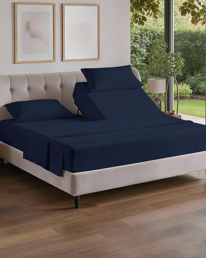 Flex Top Split Head King 4 Piece Sheet Set - Soft, Breathable & Cooling Bed Sheets Set - Hotel Luxury Bedding for Women & Men with Deep Pockets - Wrinkle Free & Fade Resistant - Oeko-Tex - Navy Blue