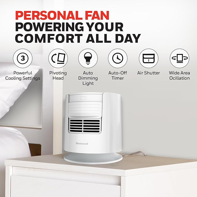 Honeywell QuietSet™ Personal Sleep Fan Noise Machine with Pink Noise, 3 Speeds, Adjustable Head, Nightstand and Bedside Fan, White, HTF300W