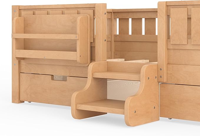 Bellemave Twin Bed with Storage Drawers & Bookshelf, Low Profile Kids Bed Frame with Staircase & Full Length Guardrails, Solid Wood Twin Bed for Kids with Slats Load 300LBS, Easy Assembly, Natural
