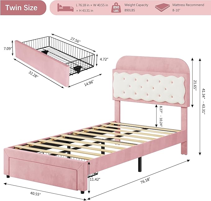 Garvee Twin Bed Frames, Velvet Upholstered Platform Bed with Biscuit Tufted Storage Headboard, Drawer, Sturdy Wood Slats, No Box Spring Needed, Easy Assembly