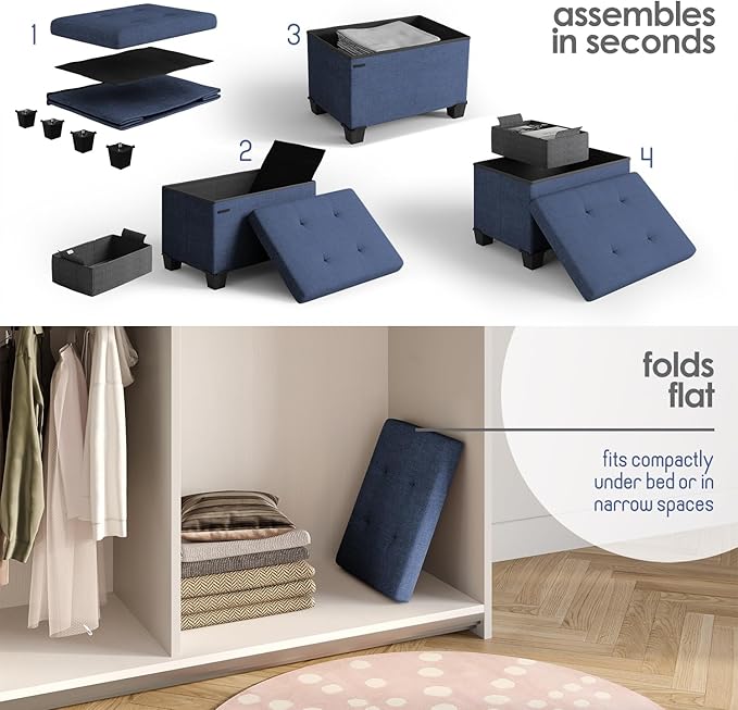 Storage Ottoman Cube with Small Bin, 16-in Square Ottoman with Storage for Living Room and Bedroom, Small Ottomans Foot Rest, Fabric Foot Stools Ottomans Max 330lbs, Blue
