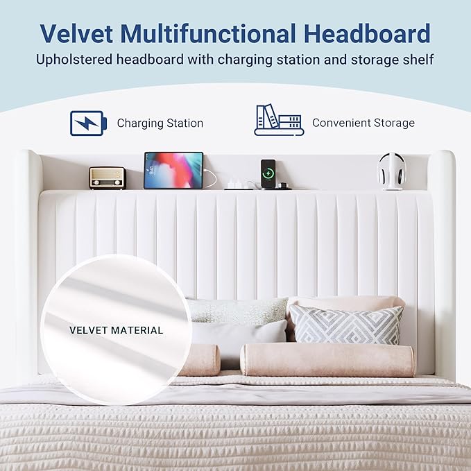 Allewie Queen Size Platform Bed Frame with USB Charging Station and Storage Shelf/Upholstered Velvet Wingback Headboard/Wooden Slats Support/No Box Spring Needed/Easy Assembly, White