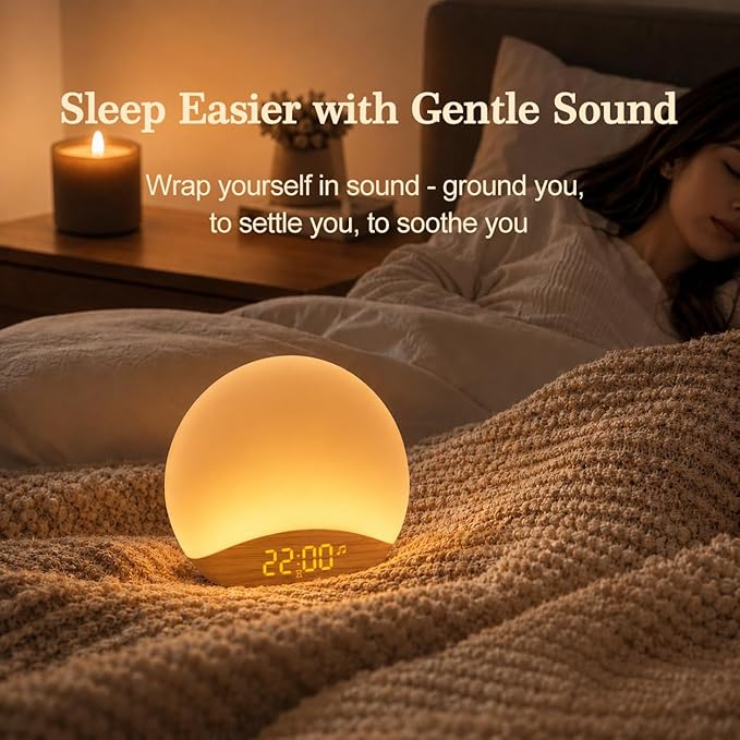 REACHER Wood Grain Sunrise Alarm Clock and Sound Machine Nightlight, Digital Dimmable Clock for Bedroom, 26 Sleep Sounds, White Noise Machine for Baby, Adults, Wake Up Light Alarm Clock for Kids