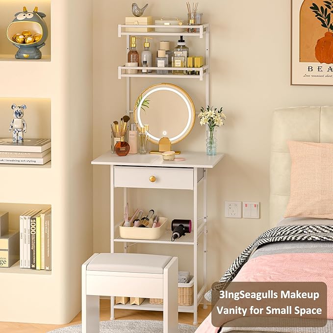 3IngSeagulls Small Vanity Desk Without Mirror, Makeup Vanity Table for Small Space, Compact White Dressing Table with Fabric Drawers, Makeup Vanity with Storage for Bedroom, White, 23.6in（W）