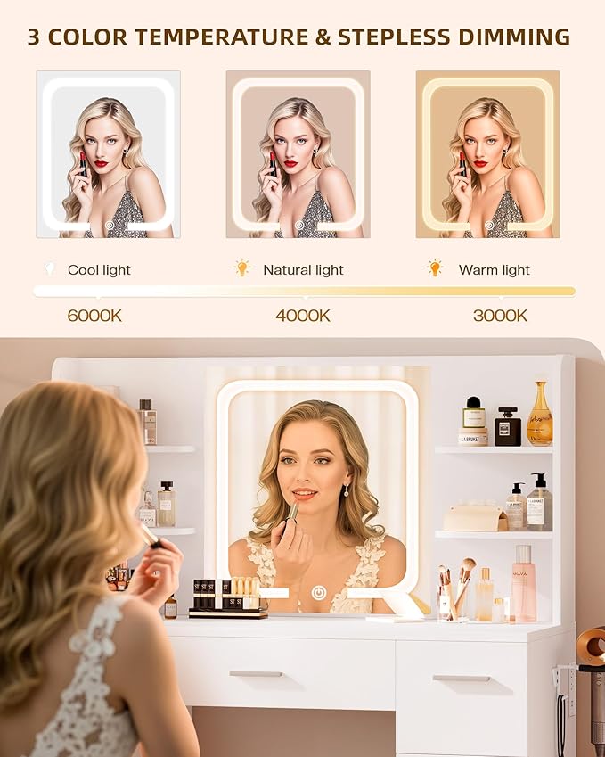 LIVELYGLOW White Large Makeup Vanity Desk with Smart LED Mirror & Power Station, 43" Professional Dressing Table with 7 Drawers, 4 Open Shelves & Hairdryer Holder for Bedroom