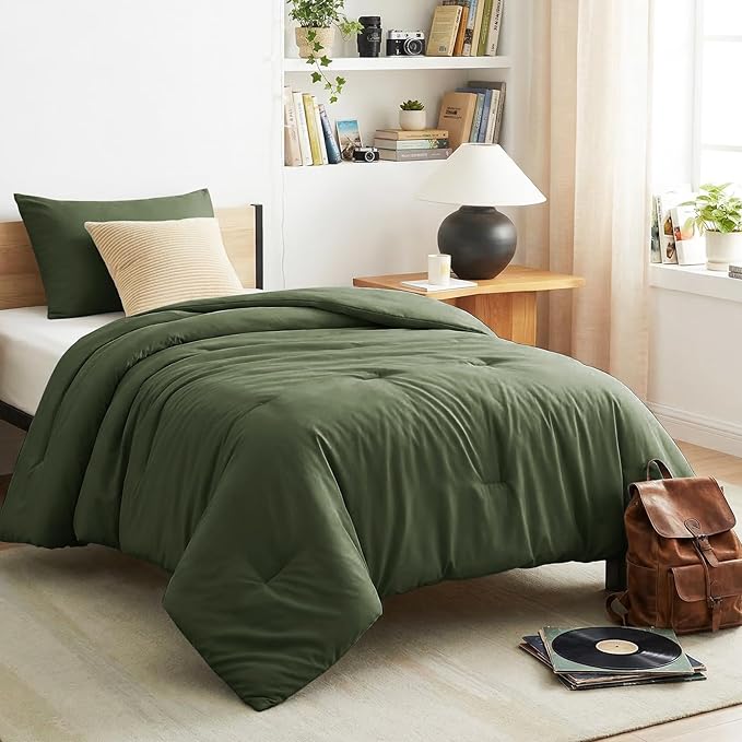 CozyLux Twin Comforter Set Olive Green, 2 Pieces Twin Extra Long Solid Breathable Bedding Sets College Dorm, Twin XL Luxury Soft Bed Set with Down Alternative Comforter and 1 Pillowcase All Seasons