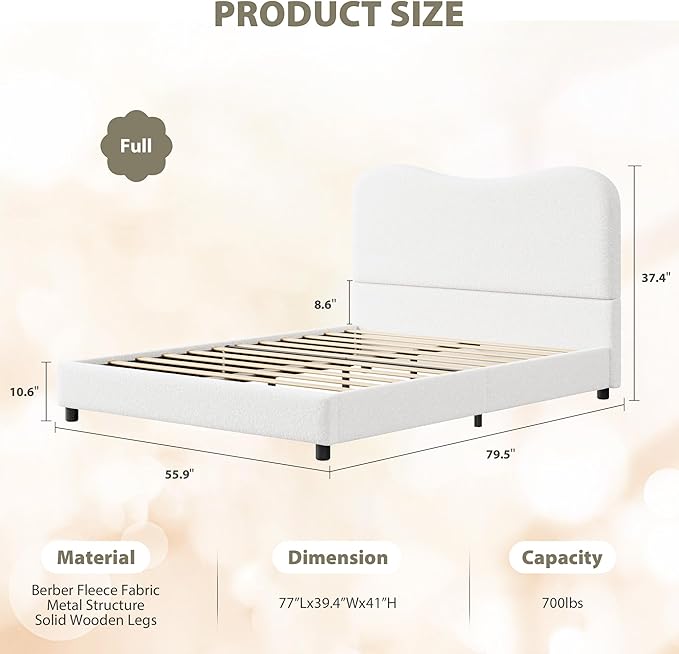 GarveeHome Boucle Full Size Bed Frame with Upholstered Headboard, Soft Low Profile Sturdy Platform Bed with Rounded Corners Design, Heavy Duty, Wooden Slats, Noise Free, No Box Spring Needed, White