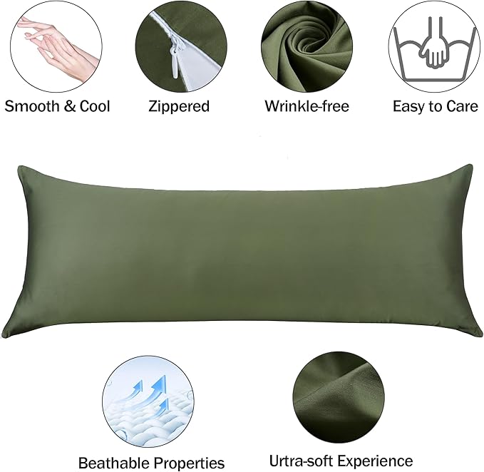 100% Cotton Body Pillow Case Cover with Zipper, Wrinkle-Free, Super Soft Pillowcase, Breathable Long Pillow Protector, 21" x 54", Green