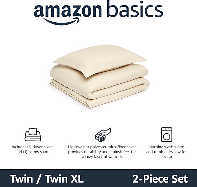 Amazon Basics Lightweight Microfiber 2-Piece Duvet Cover Set, Twin/Twin XL, Beige