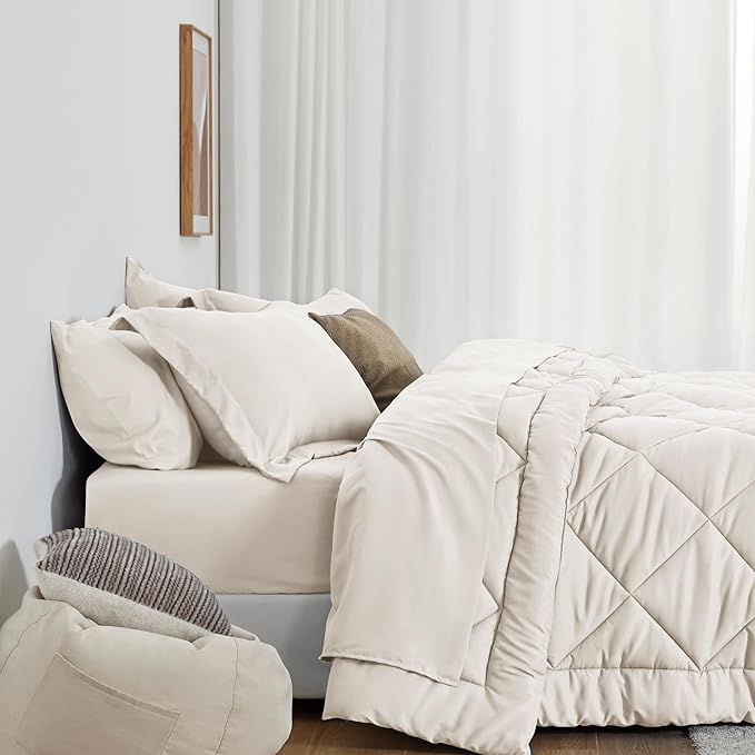 Love's cabin Full Comforter Set Off White, 7 Pieces Full Bed in a Bag, All Season Bedding Sets with 1 Comforter, 1 Flat Sheet, 1 Fitted Sheet, 2 Pillowcase and 2 Pillow Sham | Soft, Breathable, Lightweight, Comfortable